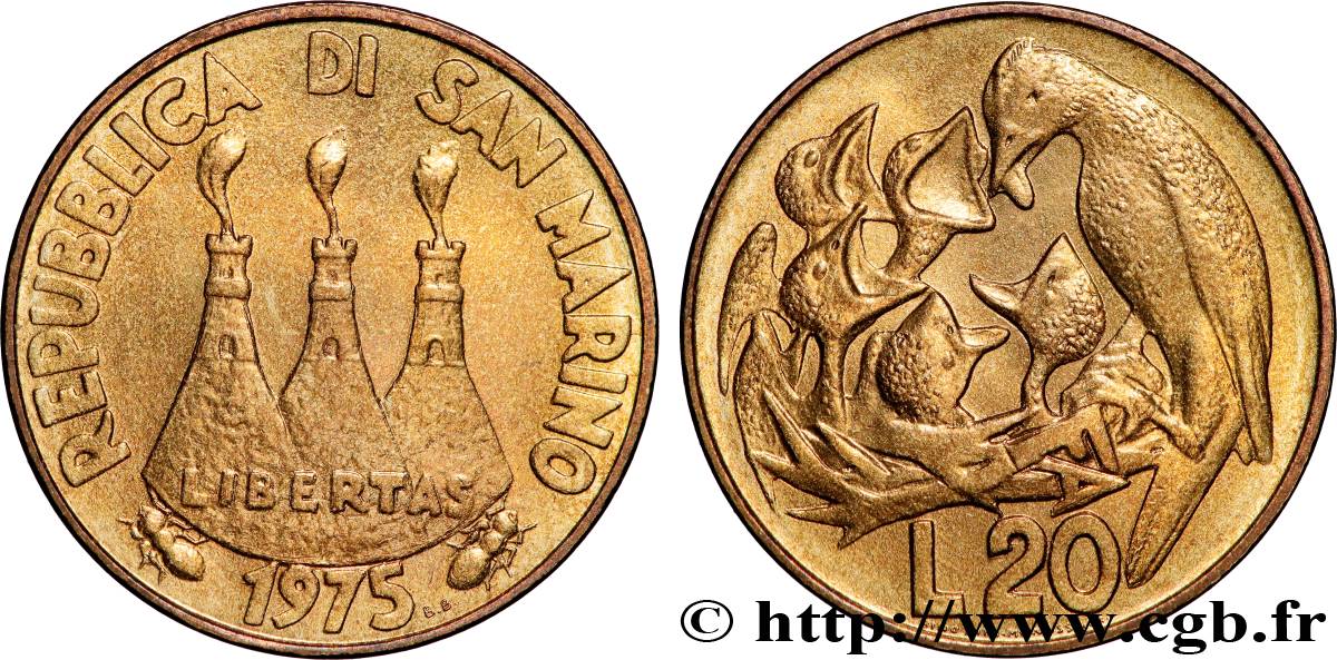 SAN MARINO 20 Lire tours / oiseau nourrissant des oisillons 1975 Rome VZ 