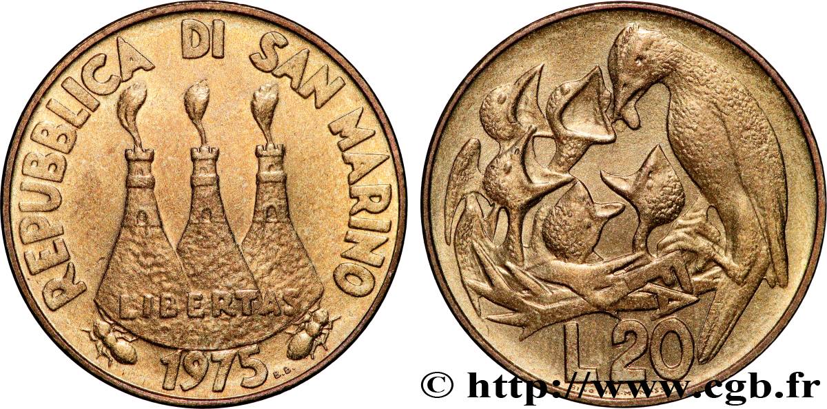 SAN MARINO 20 Lire tours / oiseau nourrissant des oisillons 1975 Rome AU 