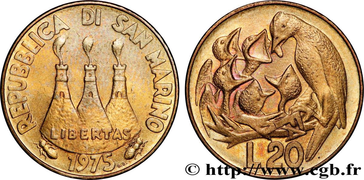 SAINT-MARIN 20 Lire tours / oiseau nourrissant des oisillons 1975 Rome SUP 