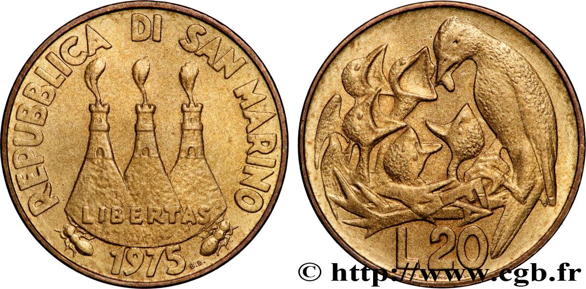 SAN MARINO 20 Lire tours / oiseau nourrissant des oisillons 1975 Rome AU 