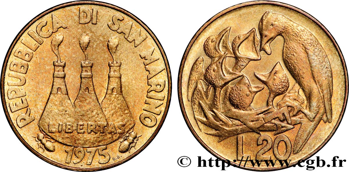 SAN MARINO 20 Lire tours / oiseau nourrissant des oisillons 1975 Rome AU 