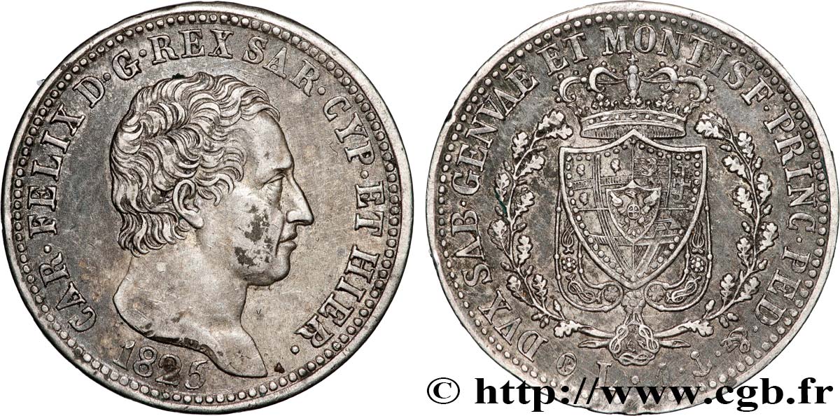 ITALIE - ROYAUME DE SARDAIGNE 1 Lire Charles Félix, roi de Sardaigne 1825 Gênes TTB+ 
