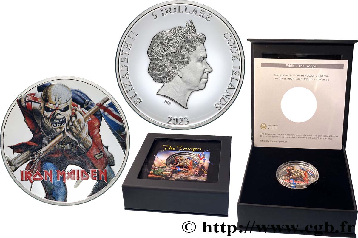 COOK ISLANDS 5 Dollars Proof Iron Maiden - The Trooper 2023  MS 