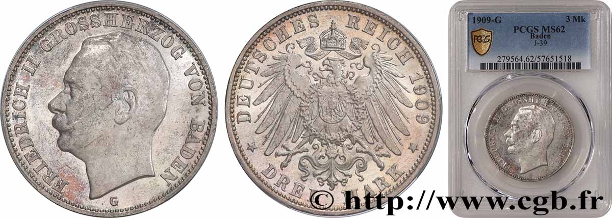 ALLEMAGNE - BADE 3 Mark Frédéric II 1909 Karlsruhe SUP62 PCGS
