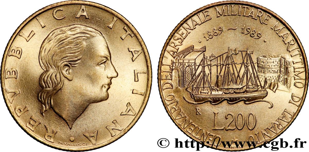 ITALIA 200 Lire Centenaire de l arsenal militaire maritime de Tarente 1989 Rome MS 