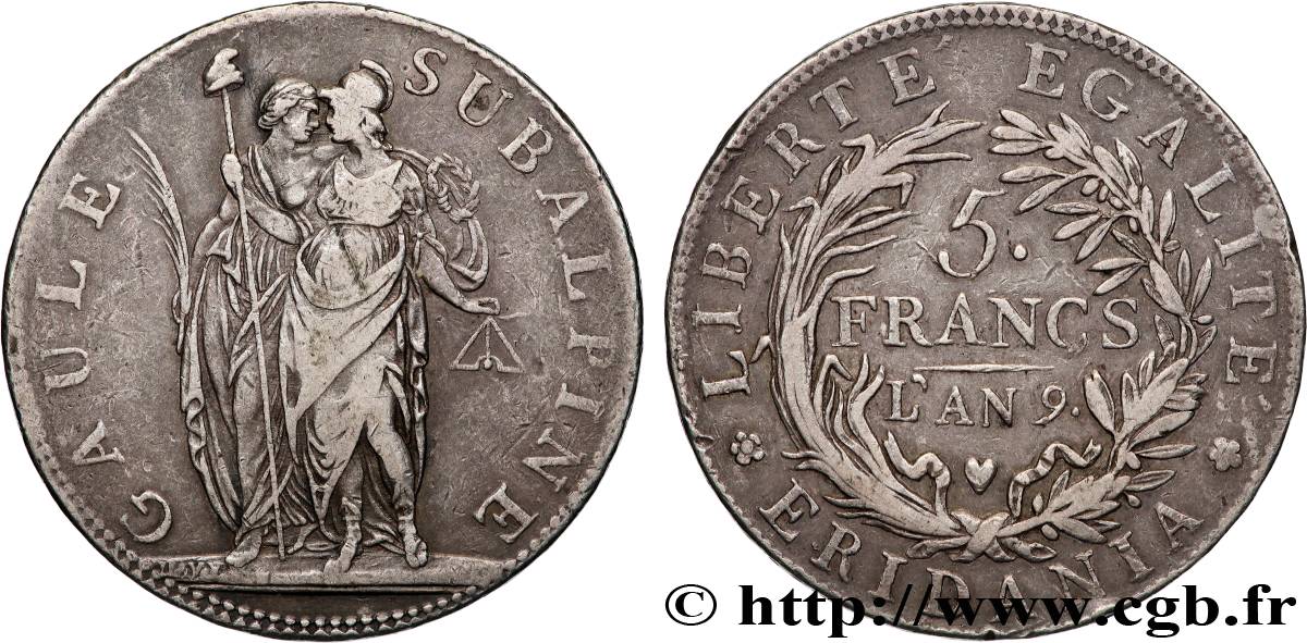ITALY - SUBALPINE GAUL 5 Francs an 9 1801 Turin XF 
