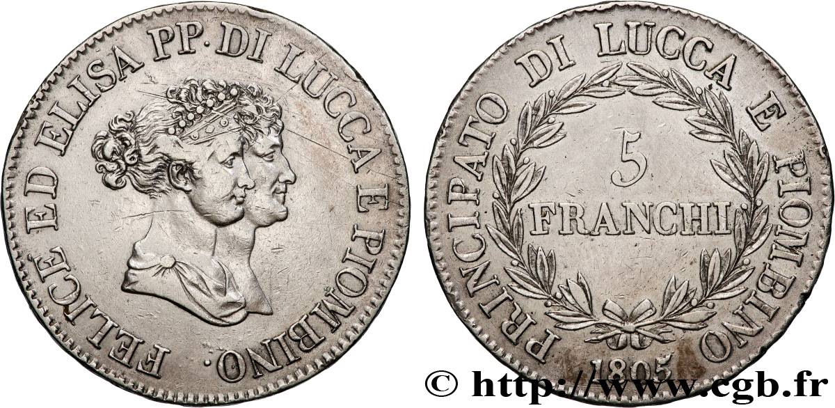 ITALY - PRINCIPALTY OF LUCCA AND PIOMBINO - FELIX BACCIOCHI AND ELISA BONAPARTE 5 Franchi 1805 Florence XF 