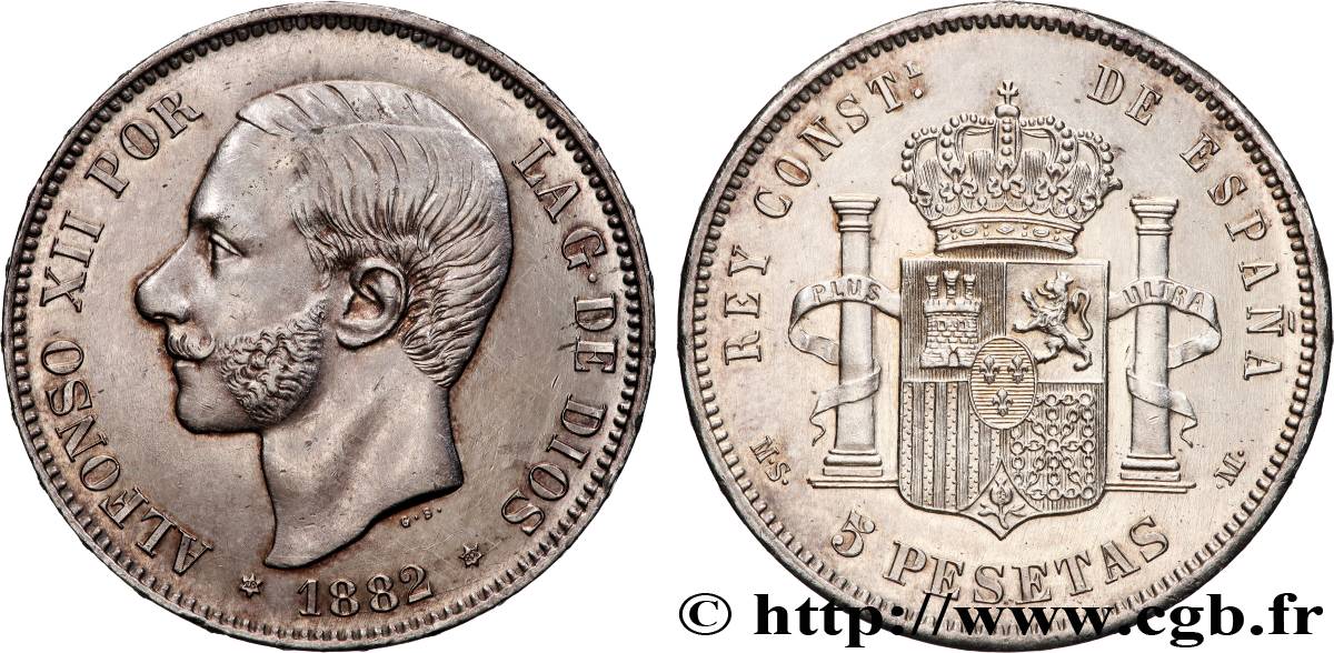 SPAIN 5 Pesetas Alphonse XII 1882 Madrid AU 