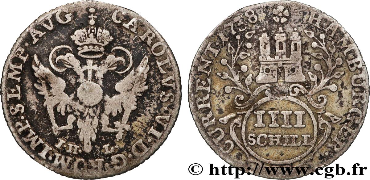 GERMANY - FREE CITY OF HAMBURG 4 Schilling armes de la ville / aigle impérial 1738 Hambourg VF 
