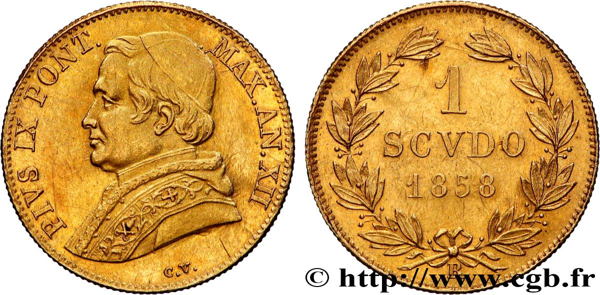 ITALY - PAPAL STATES - PIUS IX (Giovanni Maria Mastai Ferretti) 1 Scudo or an XII 1858 Rome AU 