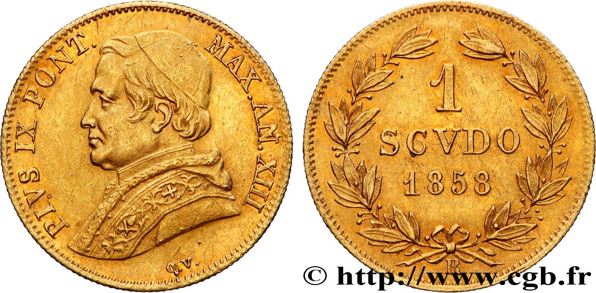 ITALY - PAPAL STATES - PIUS IX (Giovanni Maria Mastai Ferretti) 1 Scudo or an XIII 1858 Rome AU 
