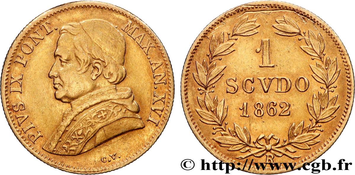 ITALY - PAPAL STATES - PIUS IX (Giovanni Maria Mastai Ferretti) 1 Scudo or an XVI 1862 Rome MS60 