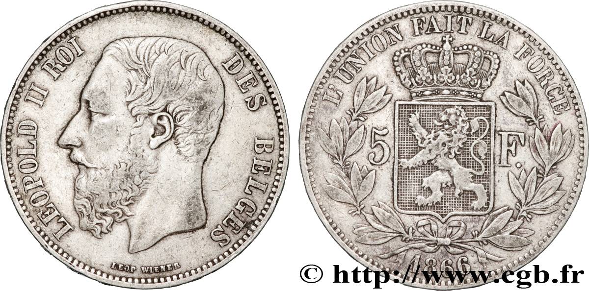 BELGIQUE - ROYAUME DE BELGIQUE - LÉOPOLD II 5 Francs 1866  TB+ 