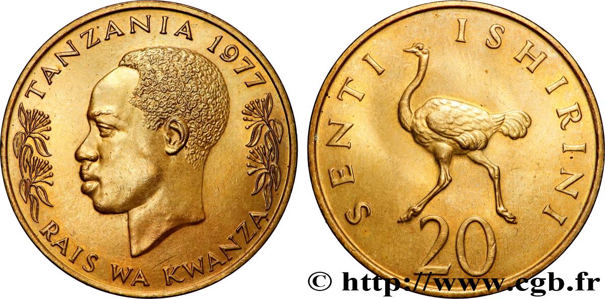 TANZANIA 20 Senti Julius Nyerere / autruche 1977 Llantrisant MS 