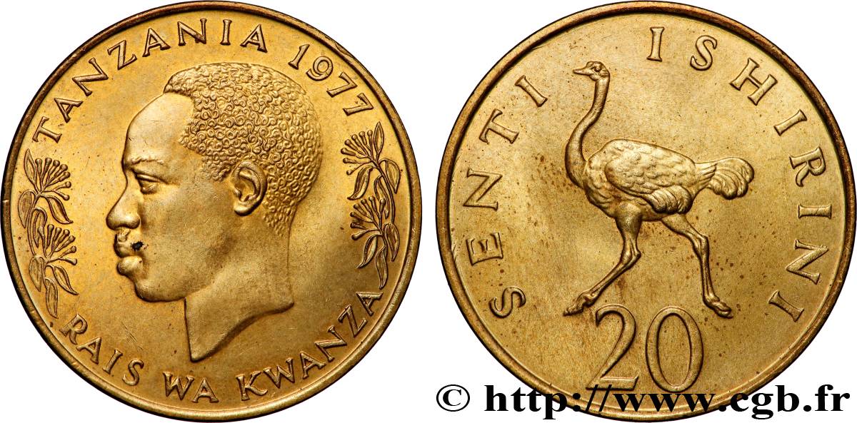 TANZANIA 20 Senti Julius Nyerere / autruche 1977 Llantrisant MS 