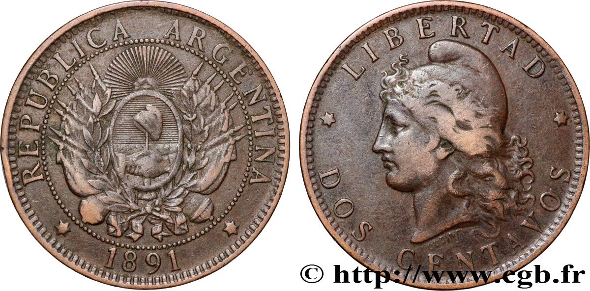 ARGENTINA 2 Centavos emblème / “Liberté” 1891  XF 