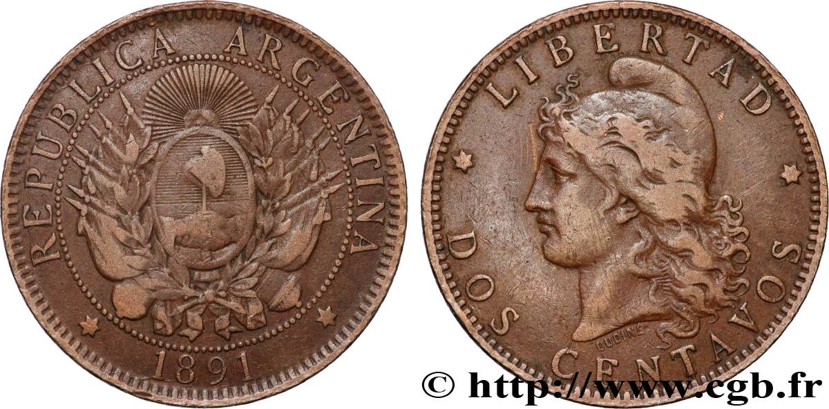 ARGENTINA 2 Centavos emblème / “Liberté” 1891  XF 