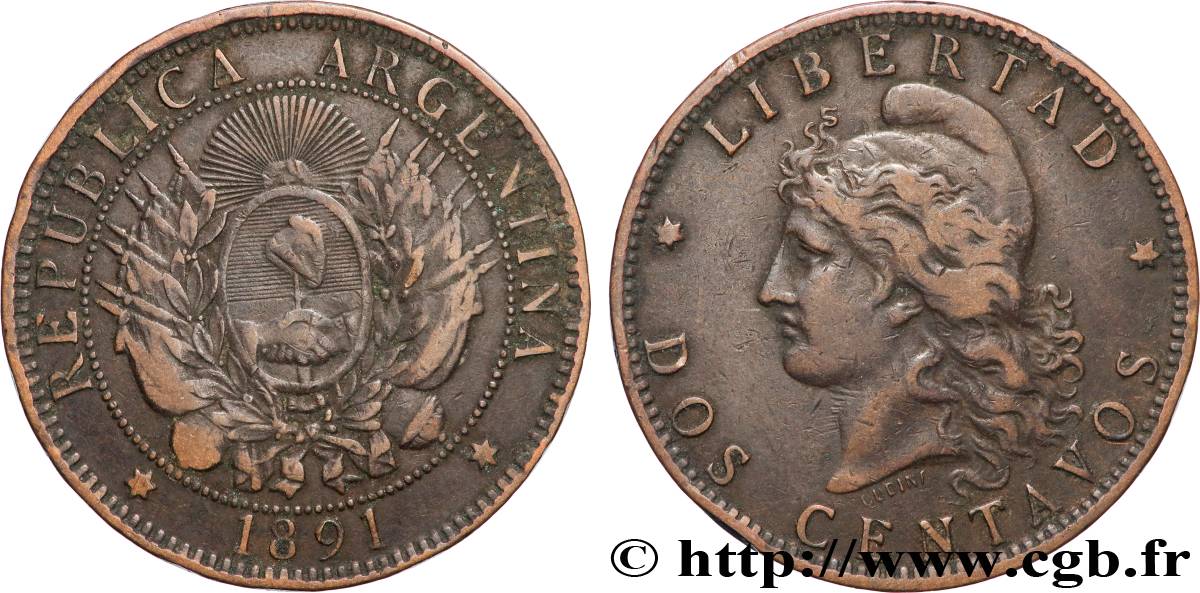 ARGENTINE 2 Centavos emblème / “Liberté” 1891  TB+ 