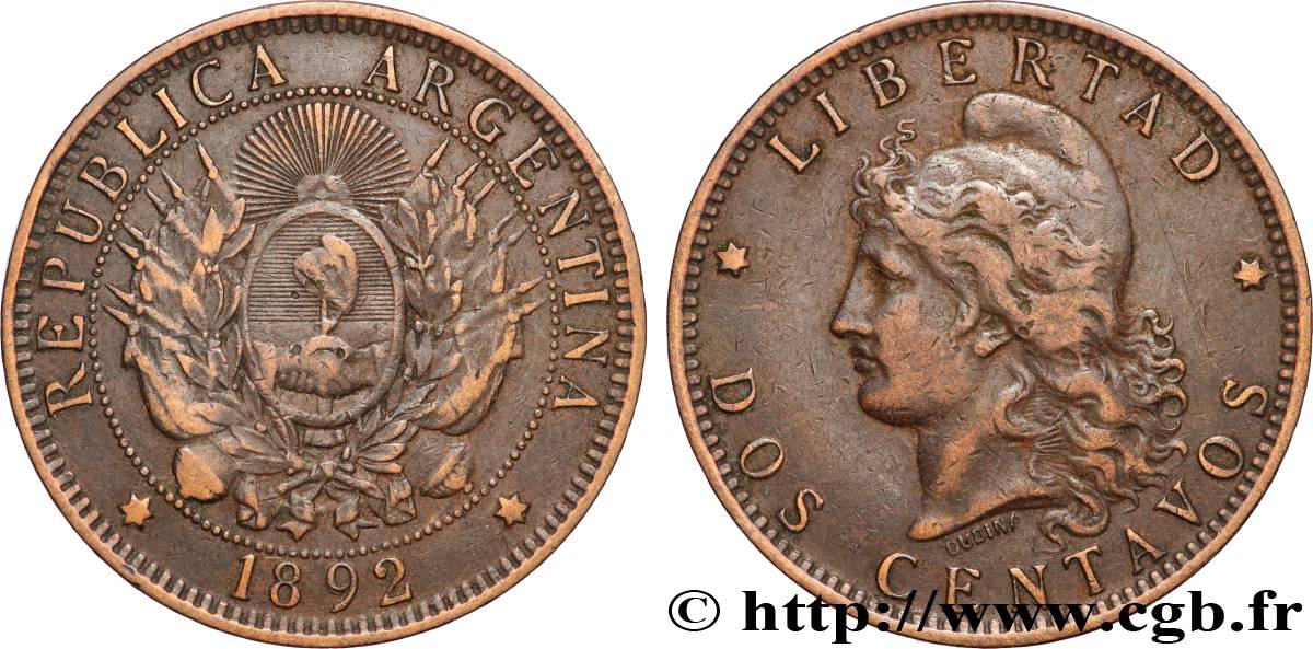ARGENTINE 2 Centavos 1892  TTB 