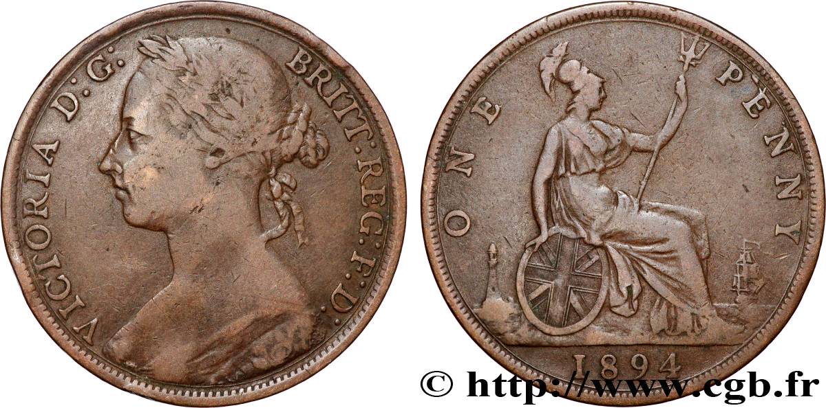 ROYAUME-UNI 1 Penny Victoria “Bun Head” 1894 Londres TB+ 