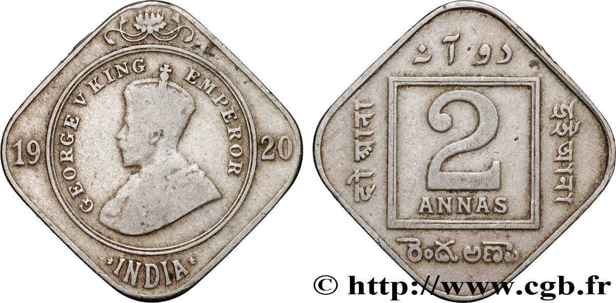INDES BRITANNIQUES 2 Annas Georges V 1920 Calcutta TB 