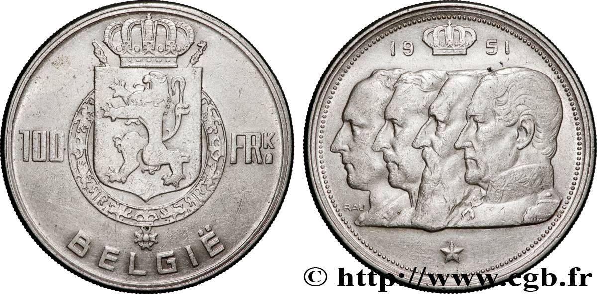 BELGIUM 100 Franken (Francs) Quatre rois de Belgique, légende flamande 1951 Bruxelles AU 