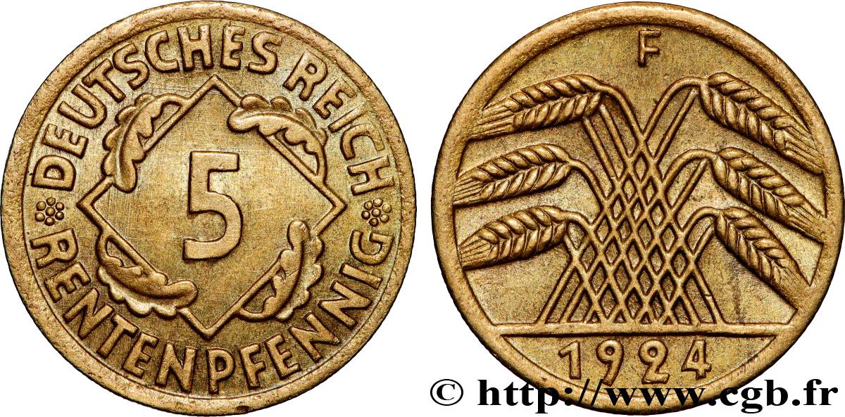 GERMANY 5 Rentenpfennig gerbe de blé 1924 Stuttgart XF 