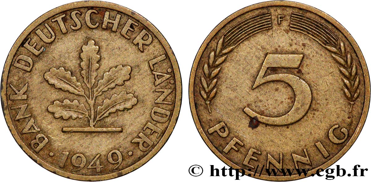 DEUTSCHLAND 5 Pfennig “Bank deutscher Länder” 1949 Stuttgart - F fVZ 