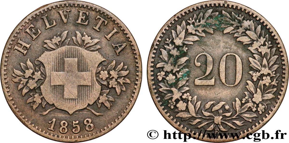 SWITZERLAND 20 Centimes (Rappen) croix suisse 1858 Berne XF 