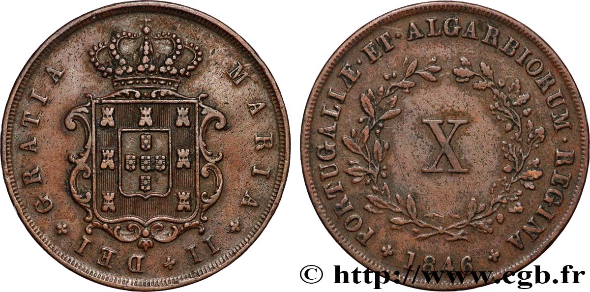 PORTUGAL 10 Réis frappe au nom de Marie II (Maria) 1846  TTB 