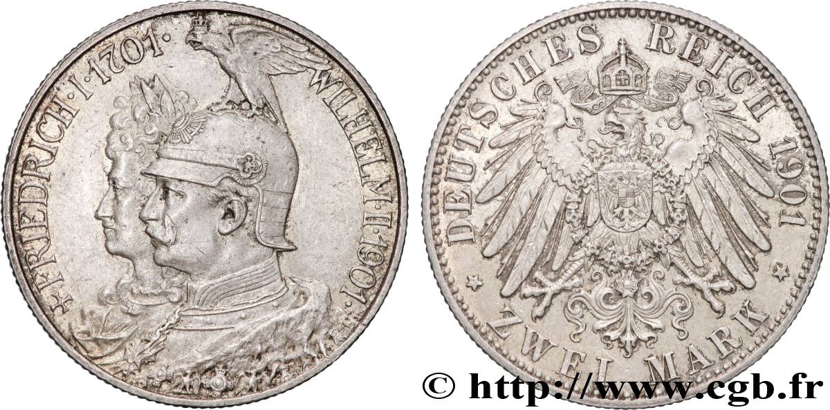ALLEMAGNE - PRUSSE 2 Mark Guillaume II 200e anniversaire de la Prusse 1901 Berlin TTB+ 