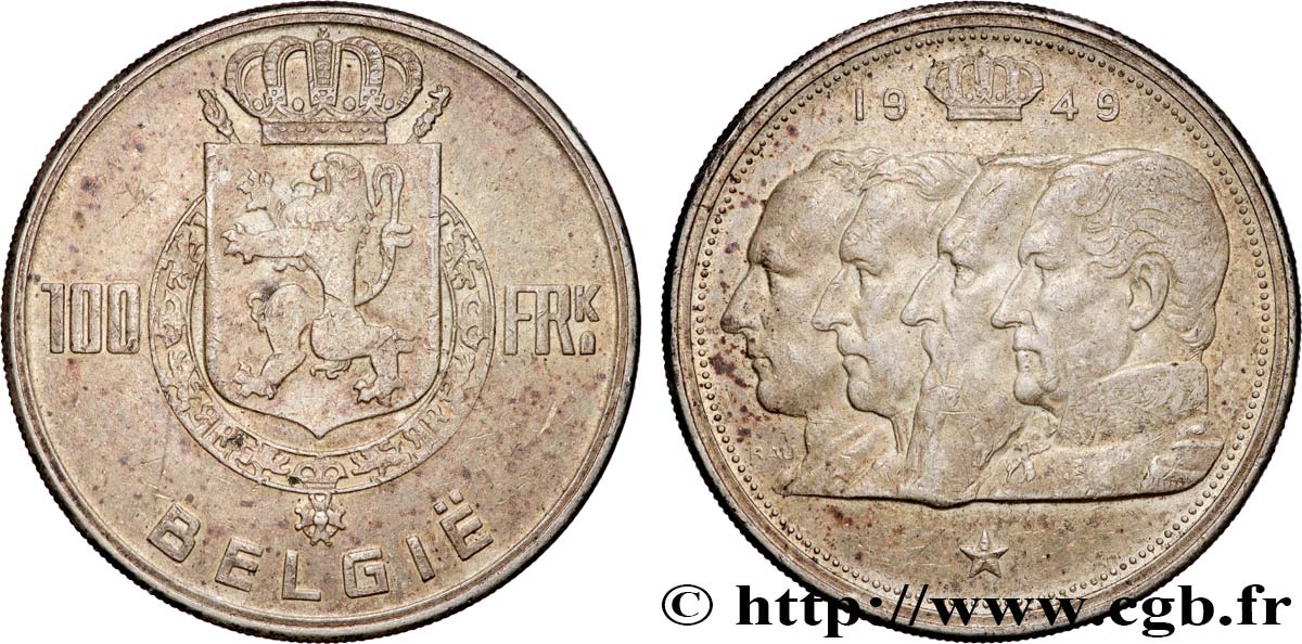 BELGIQUE 100 Franken (Francs) bustes des quatre rois de Belgique, légende flamande 1949  TTB+ 