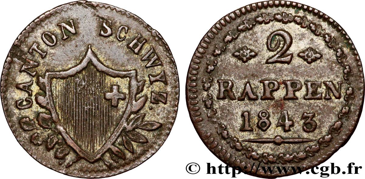 SCHWEIZ - Kantonen 2 Rappen - Canton de Schwyz 1843  fVZ 
