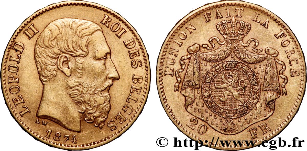OR, PALLADIUM ET PLATINE INVESTISSEMENT 20 Francs Léopold II 1874 Bruxelles TTB+ 