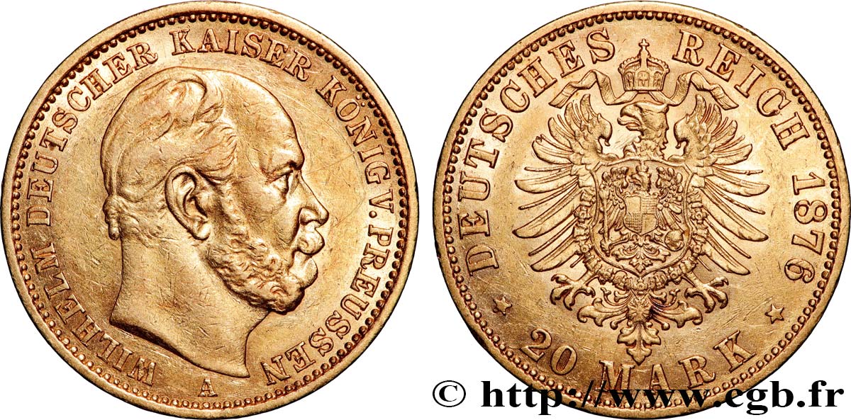 OR, PALLADIUM ET PLATINE INVESTISSEMENT 20 Mark Guillaume Ier, 2e type 1876 Berlin TTB 