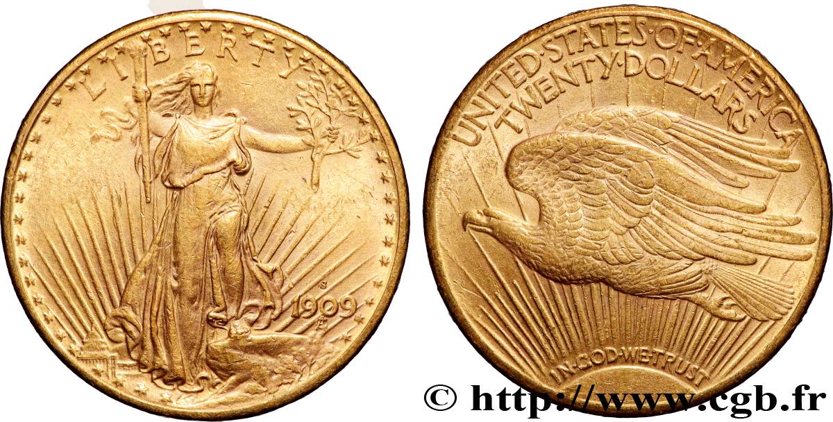 GOLD, PALLADIUM & PLATINUM INVESTMENT 20 Dollars  Saint-Gaudens” 1909 Philadelphie XF 