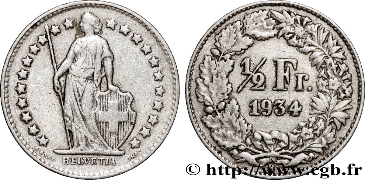 SWITZERLAND 1/2 Franc Helvetia 1934 Berne XF 