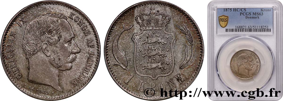 DENMARK 1 Krone Christian IX 1875 Copenhague MS63 PCGS