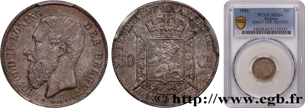 BELGIQUE 50 Centiemen (Centimes) Léopold II 1886  SPL64 PCGS