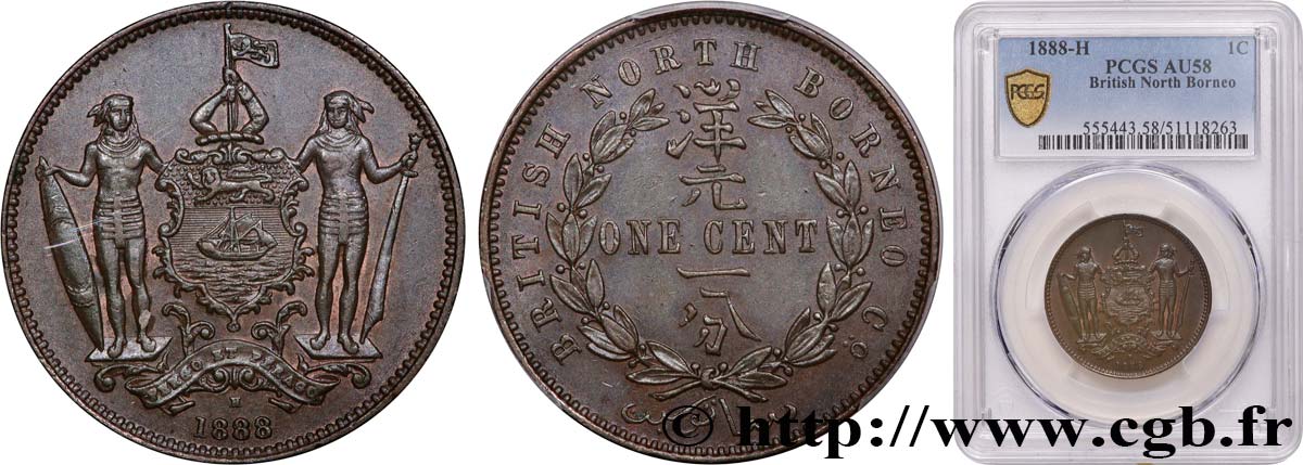 MALAYSIA - BRITISH NORTH BORNEO 1 Cent 1888 Heaton AU58 PCGS