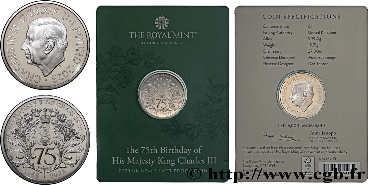 ROYAUME-UNI 1 Pound Proof 75e Anniversaire du roi Charles III 2023  FDC 