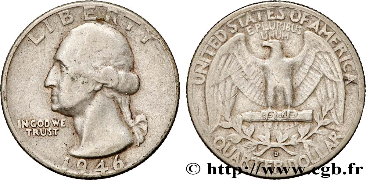 ÉTATS-UNIS D AMÉRIQUE 1/4 Dollar Georges Washington 1946 Denver - D TB+ 