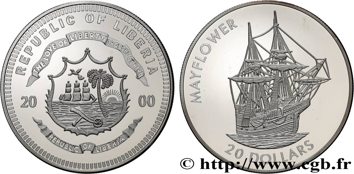 LIBERIA 20 Dollars Proof Mayflower 2000  MS 
