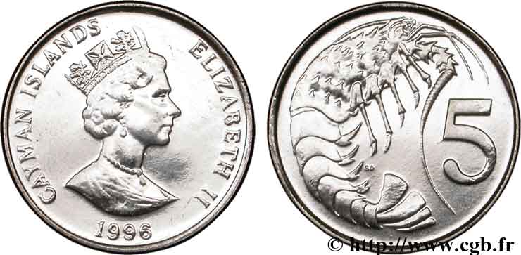 CAYMANS ISLANDS 5 Cents Elisabeth II / crevette 1996 Cardiff, British Royal Mint MS 