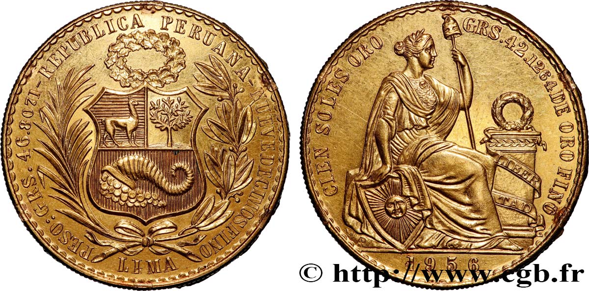 PÉROU 100 Soles de Oro 1956 Lima SUP 