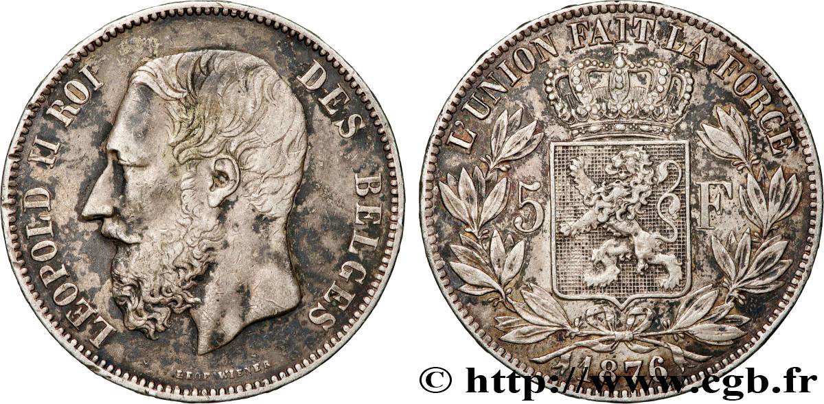 BELGIQUE 5 Francs Léopold II 1876 Bruxelles TTB+ 
