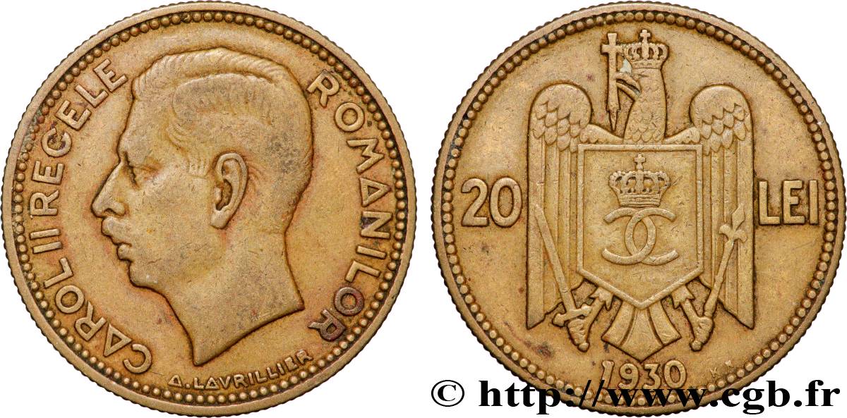 ROMANIA 20 Lei buste du roi Charles II 1930 Paris XF 