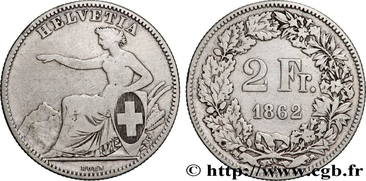 SUISSE 2 Francs Helvetia 1862 Berne TB 