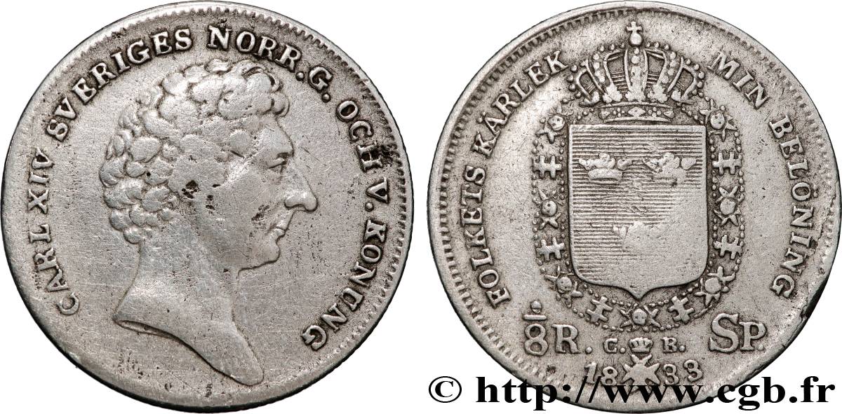 SUÈDE 1/8 Riksdaler Charles XIV 1833  TTB 