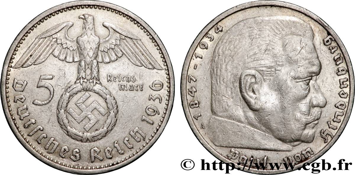 ALLEMAGNE 5 Reichsmark Maréchal Paul von Hindenburg 1936 Berlin TTB 